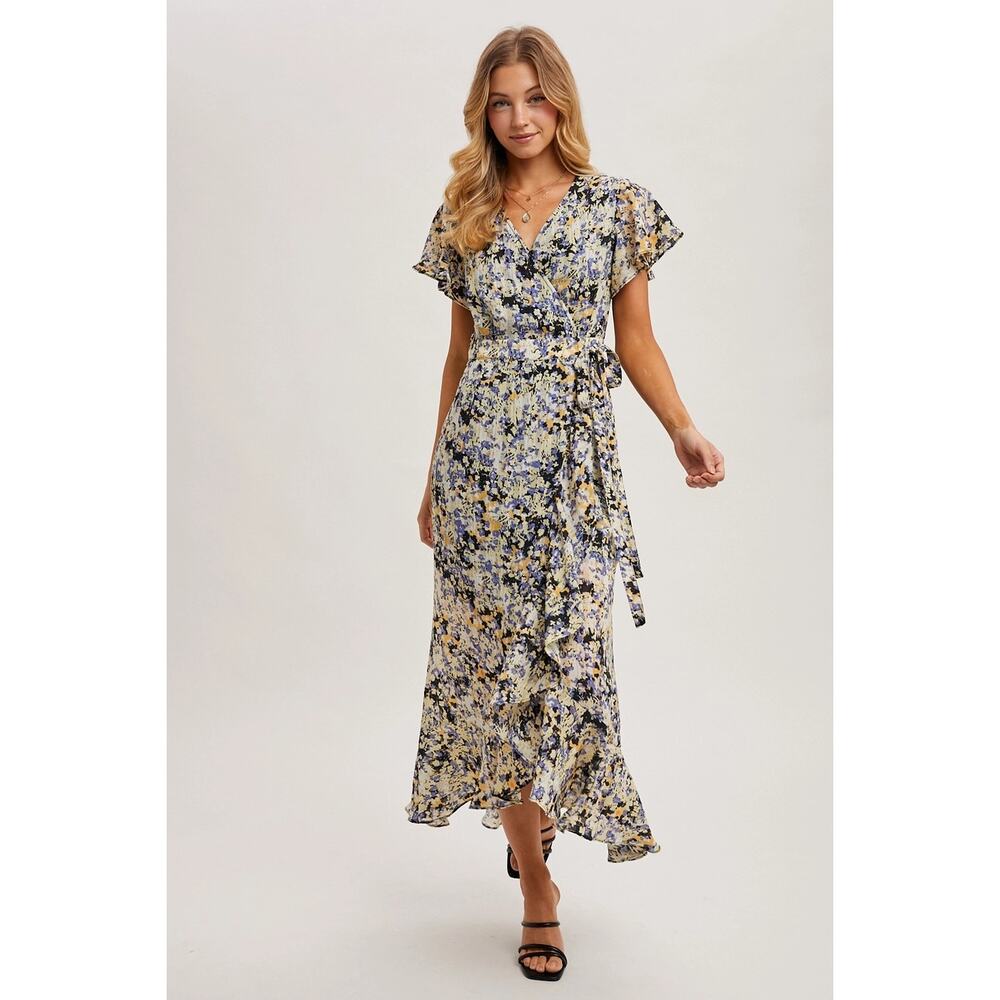 NEW Floral Print Wrap Ruffled Midi Dress LARGE